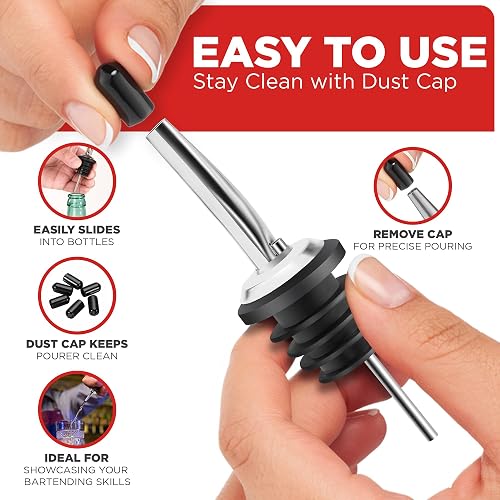 Product panel showing how the pourer slides into a bottle and the dust cap keeps it clean