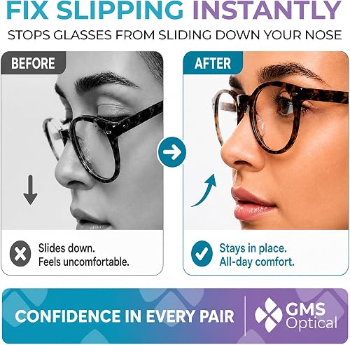 GMS Optical nose pads before-and-after graphic showing glasses sliding down versus staying in place