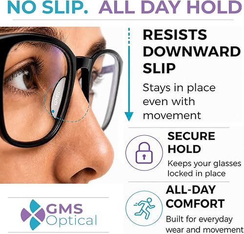 GMS Optical marketing graphic showing a clear nose pad resisting downward slip on a pair of glasses