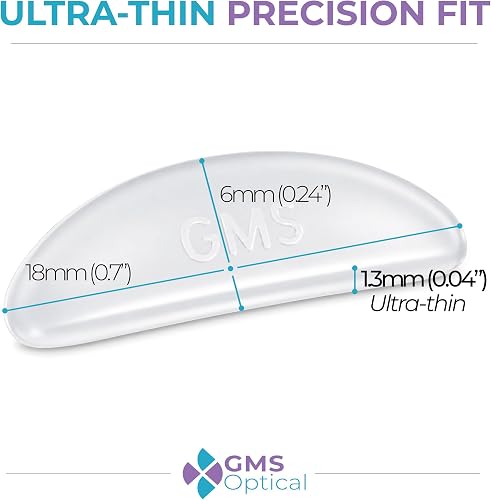 GMS Optical dimensions graphic showing the ultra-thin 18mm by 6mm by 1.3mm contoured pad