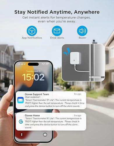 The GoveeLife thermometer sending app, email, and buzzer alerts for an out-of-range temperature