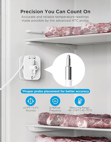 The GoveeLife NTC probe mounted inside a freezer, showing its accuracy and temperature range