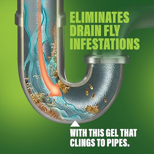 Green Gobbler graphic showing the thick gel clinging inside a drain P-trap to eliminate drain fly infestations