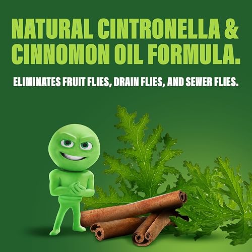 Green Gobbler graphic highlighting the natural citronella and cinnamon oil formula that eliminates fruit flies, drain flies, and sewer flies