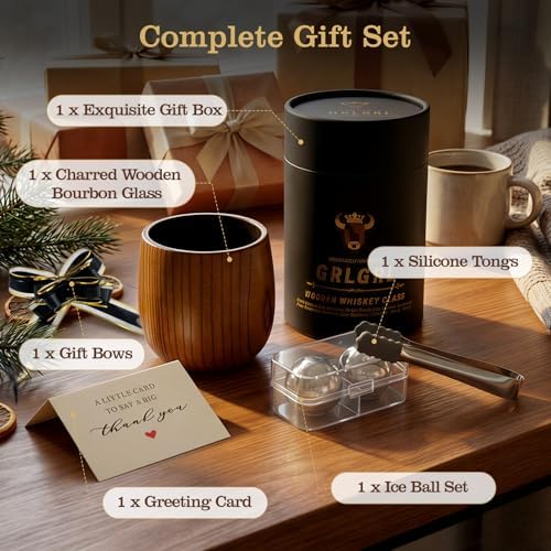 The GrlGrl gift set with the wooden whiskey cup, stainless steel chill balls, and tong