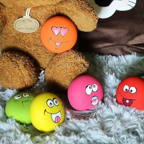 The HDSX smiley-face latex squeaky balls shown as a colorful six-piece set