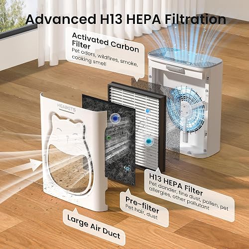 HEAPETS P365 three-stage filter diagram showing the pre-filter, activated carbon layer, and H13 HEPA filter