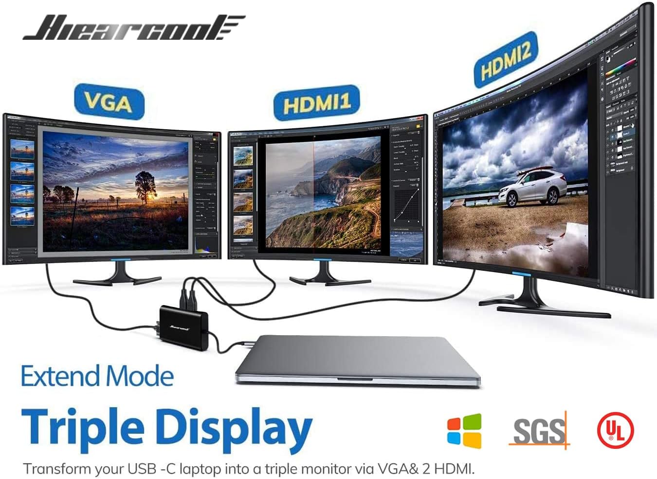 Hiearcool dock connected to laptop with dual monitors