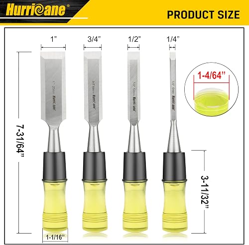 Hurricane 4 Piece Wood Chisel Set product diagram listing the four blade widths and chisel dimensions