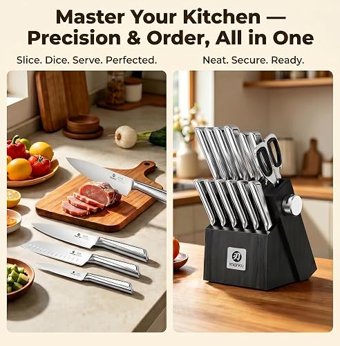 imarku 14-piece kitchen knife set arranged with the wooden block and steak knives