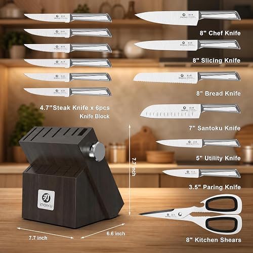 imarku knife block with built-in sharpener and hidden blade storage on a counter