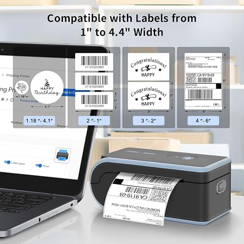 The JADENS thermal label printer printing a 4x6 shipping label alongside sample label sizes