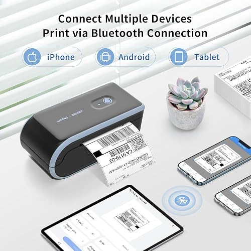 The JADENS label printer connected over Bluetooth to a phone and tablet