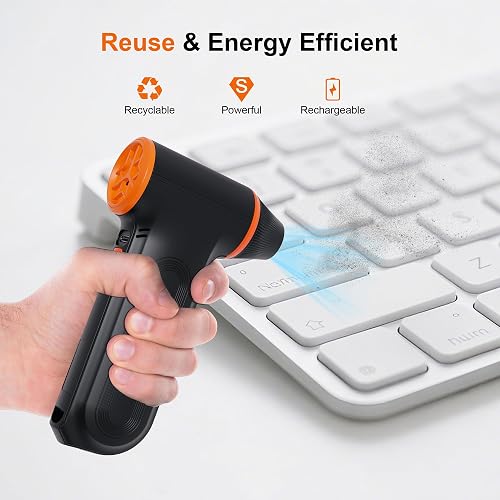 JUFINX X117 listing panel showing the duster blowing dust off a keyboard, with recyclable, powerful, and rechargeable callouts
