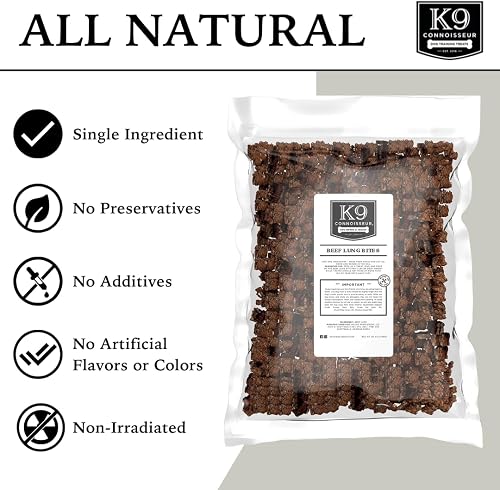 K9 Connoisseur beef lung treats shown as an all-natural, single-ingredient product with no preservatives, additives, or artificial flavors