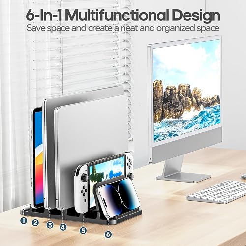 KDD 4-Slot Vertical Laptop Stand holding six devices across its numbered slots