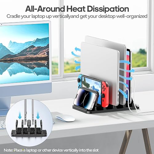 KDD vertical laptop stand loaded with laptops, a tablet, and a Switch showing open-air spacing between devices