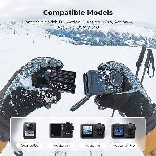 Compatibility chart showing the batteries fit DJI Action 6, Action 5 Pro, Action 4, Action 3 and Osmo 360