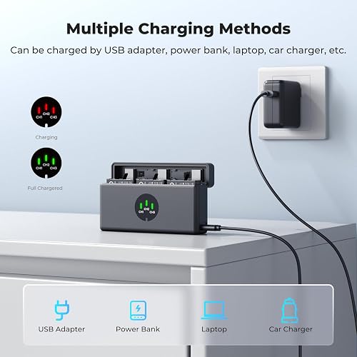 K&F charging case topping off batteries from a wall adapter, power bank, laptop, or car charger