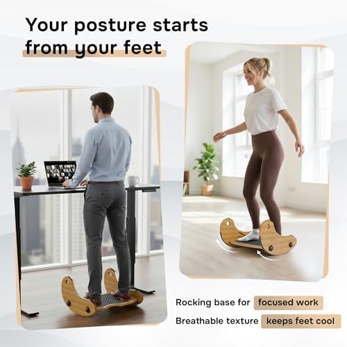 Person using the bamboo footrest at a desk and standing desk to support better posture and leg circulation