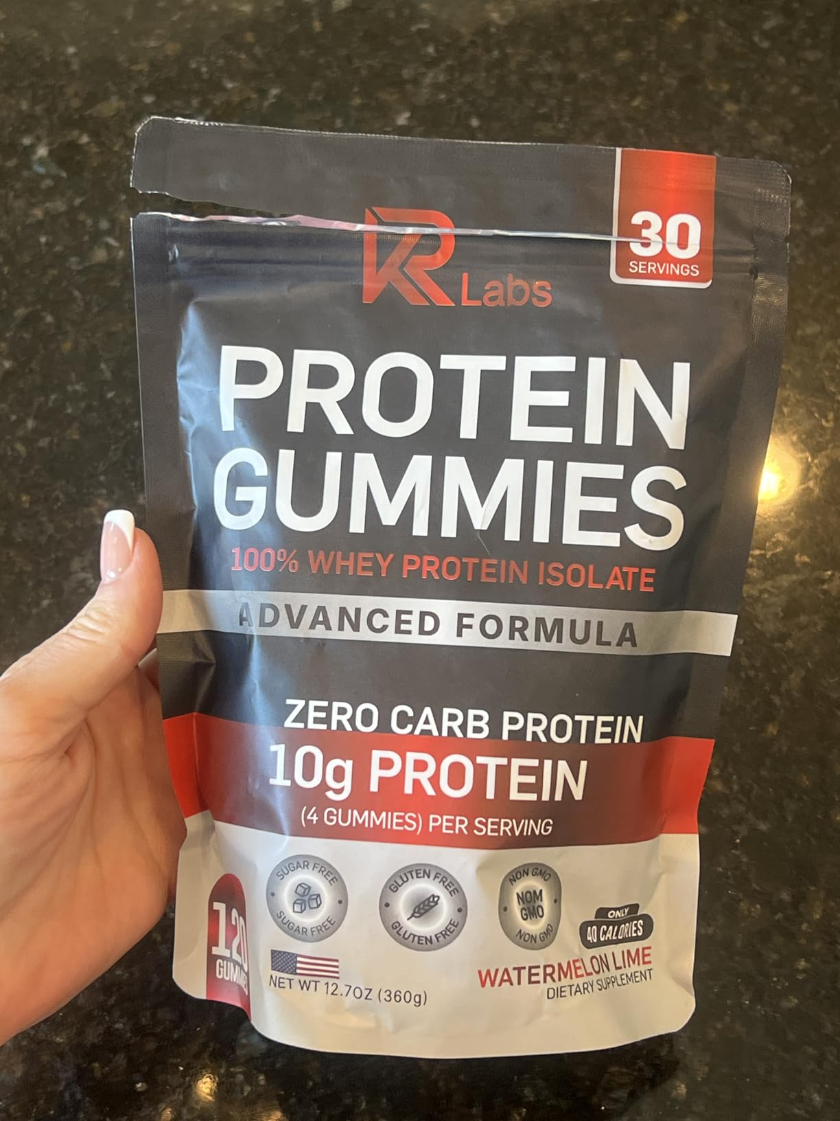 KR Labs Protein Gummies in the gummy bear shape and watermelon lime color