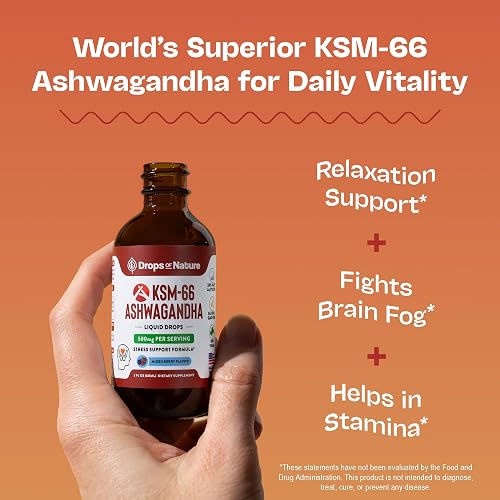 Drops of Nature KSM-66 Ashwagandha liquid drops bottle with the mixed berry label and dropper