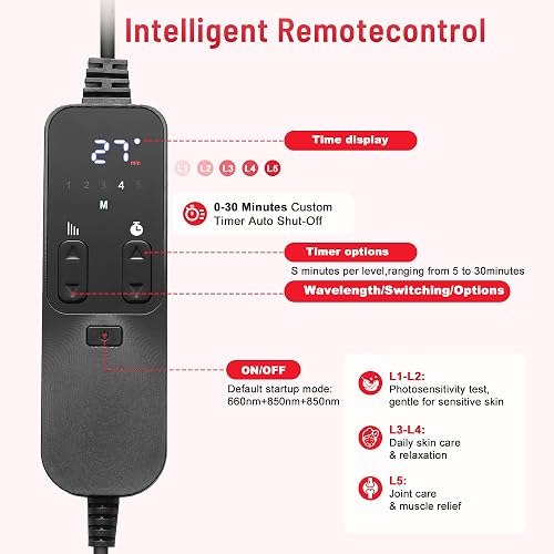 LEDINO screened remote showing the five intensity levels and the auto shut-off timer