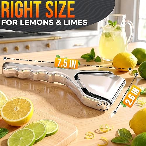 Gallery panel measuring the folded squeezer at 7.5 inches long by 2.6 inches wide beside whole lemons and limes