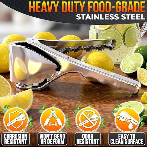 Product gallery panel highlighting the LEGLO squeezer's food-grade stainless steel body and corrosion-resistant claims