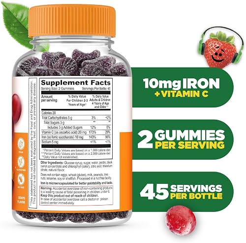 Lifeable Kids Iron Gummies grape flavor supplement facts and bottle label