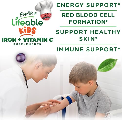 Lifeable Kids Iron Gummies grape gummies poured out next to the bottle