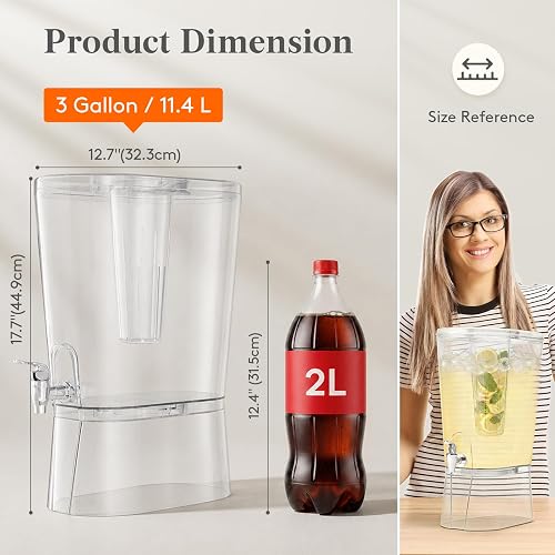 Lifewit 3 gallon drink dispenser shown with dimensions of 12.7 inches wide by 17.7 inches tall next to a 2 litre bottle for scale
