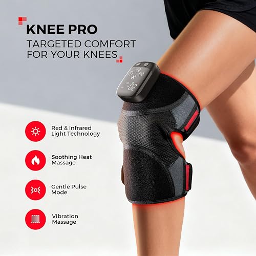 The LTW Knee Pro wrap worn on a knee with the control pod and display facing up