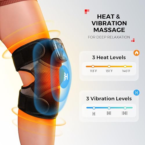 LTW knee massager worn on a knee showing the three heat levels at 113F, 131F and 140F and the three vibration levels