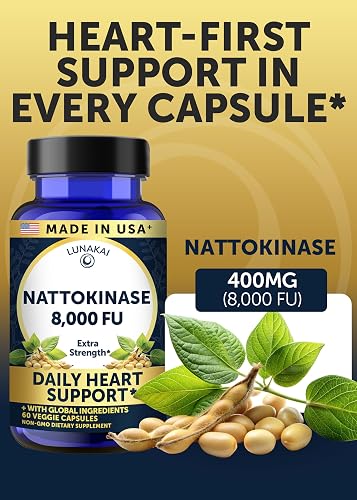 The small vegan Lunakai Nattokinase capsules poured out beside the bottle
