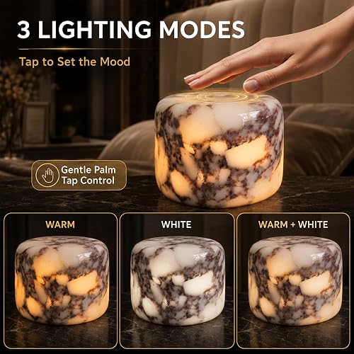 Marmor Marble Table Lamp product graphic showing three tap-controlled lighting modes: warm, white, and warm plus white