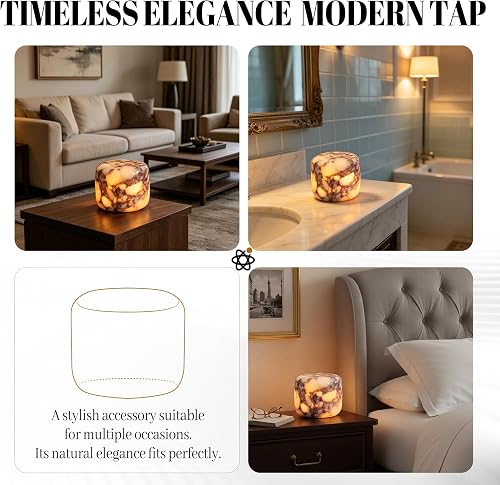 The Marmor Marble Table Lamp styled on a living room table, a bathroom vanity, and a bedroom nightstand