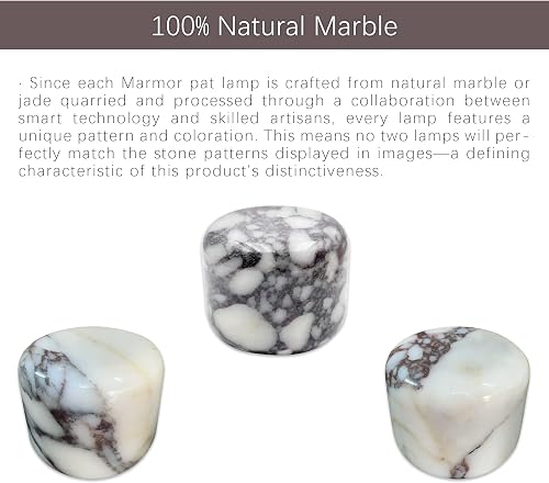 Marmor product graphic noting each lamp is cut from natural marble, so no two stone patterns match the listing photos