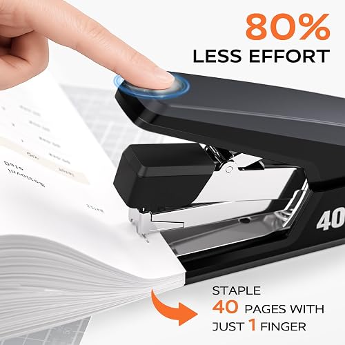 The Marsrock stapler's dual-lever design driving through 40 sheets with one finger, shown in a product feature graphic