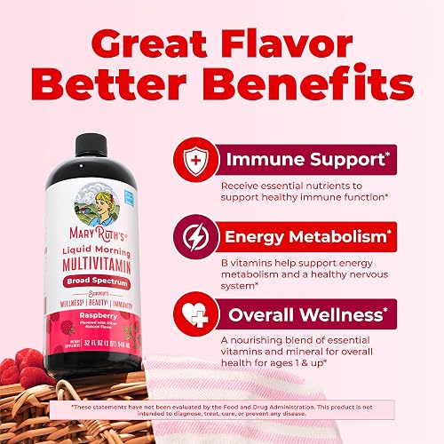 MaryRuth's brand panel showing the 32 fl oz raspberry bottle alongside its immune support, energy metabolism, and overall wellness claims
