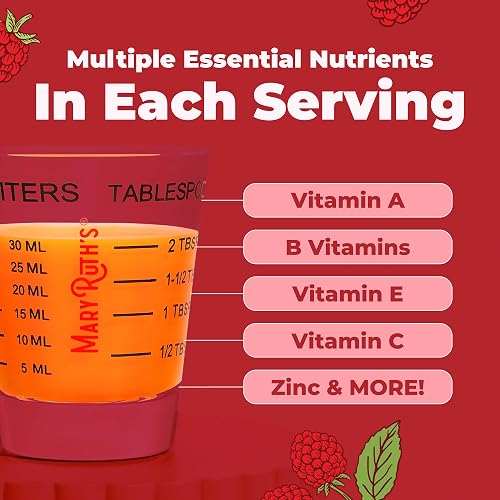 MaryRuth's brand panel showing the measuring cup marked to 30 mL, or 2 tablespoons, for an adult serving
