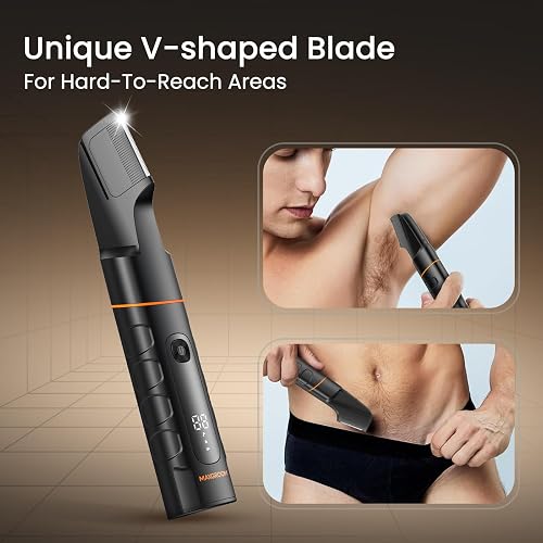 Close-up of the MAXGROOM V-shaped trimmer head designed for underarms and groin