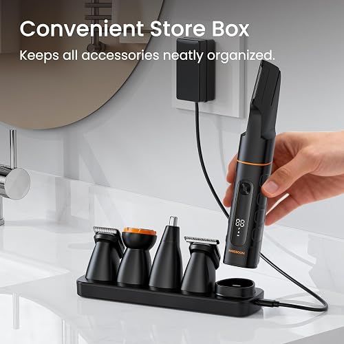 MAXGROOM charging dock holding the trimmer handle and interchangeable heads on a counter