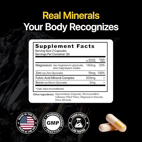 Menerals Supplement Facts panel listing magnesium, zinc, fulvic acid mineral complex, and boron per two-capsule serving
