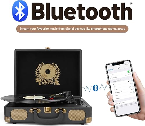 Mersoco M415 product graphic showing Bluetooth streaming from a smartphone to the suitcase record player