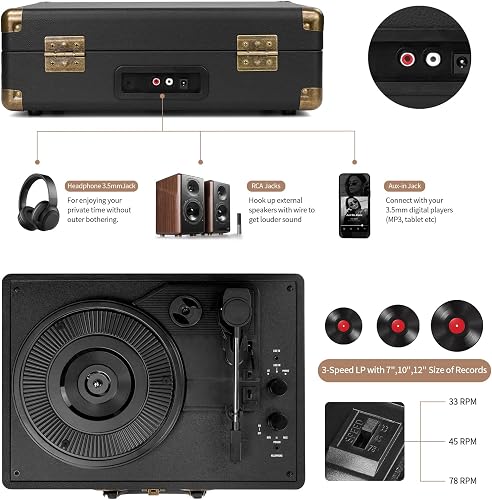 Mersoco M415 rear and top view showing RCA, AUX, headphone connections and the 33/45/78 RPM speed selector