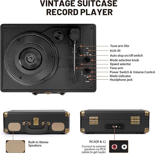 Mersoco M415 labeled diagram showing the tonearm lifter, auto-stop switch, speed selector, mode knob, and headphone jack