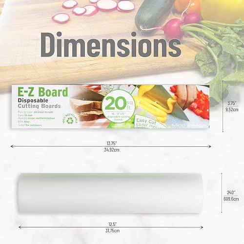 Mind Reader E-Z Board packaging infographic listing the 20-square-foot roll and box dimensions
