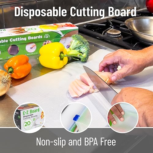 Mind Reader E-Z Board demo showing raw chicken being sliced on the non-slip BPA-free sheet