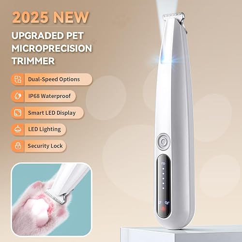 MOONEON pet precision trimmer highlighting its dual-speed, IP68 waterproof, LED display, and travel-lock features